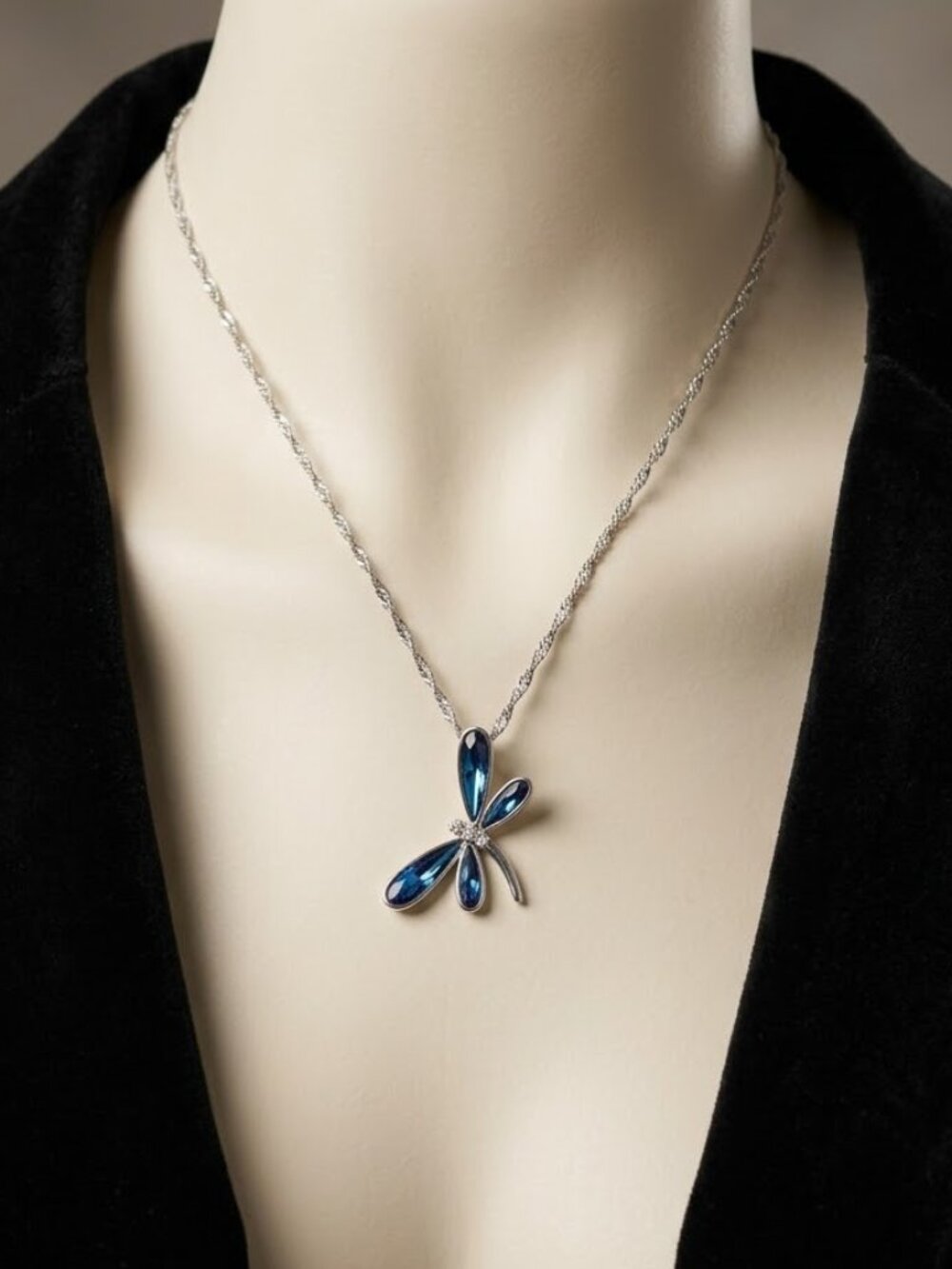 Fifth Avenue Collection Blue Crystal Dragonfly Pendant Silver Tone Necklace NWT